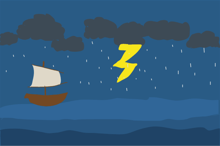 Stormy seascape animation with sailboat, rain, and lightning made in Wick Editor